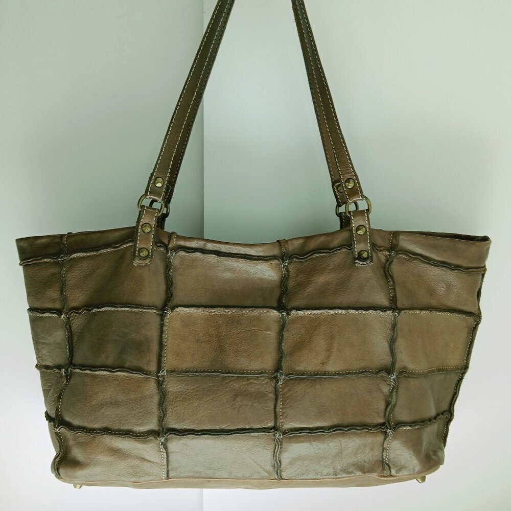 Costanza Rota Khaki/Lt. Olive Tanned  Leather Patchwork Large Shoulder Tote Bag